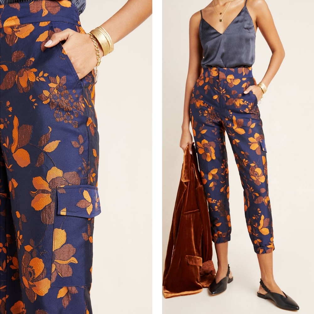 Anthropologie Navy Floral Cargo Ankle Pants with Orange Accents